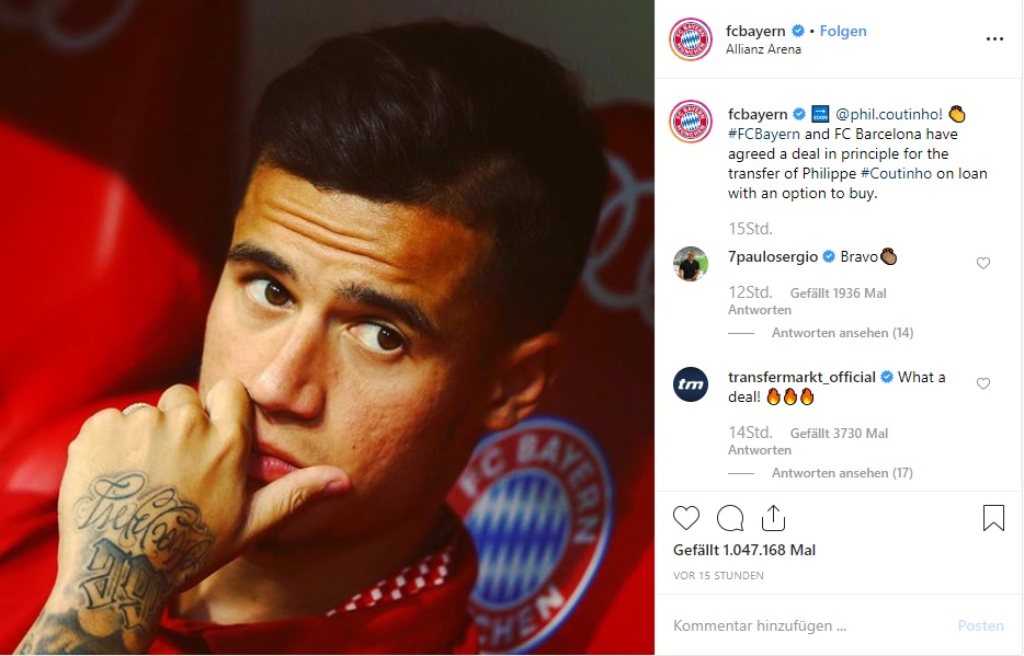 Rekord: Bayerns Instagram-Post zur Coutinho-Verpflichtung ...